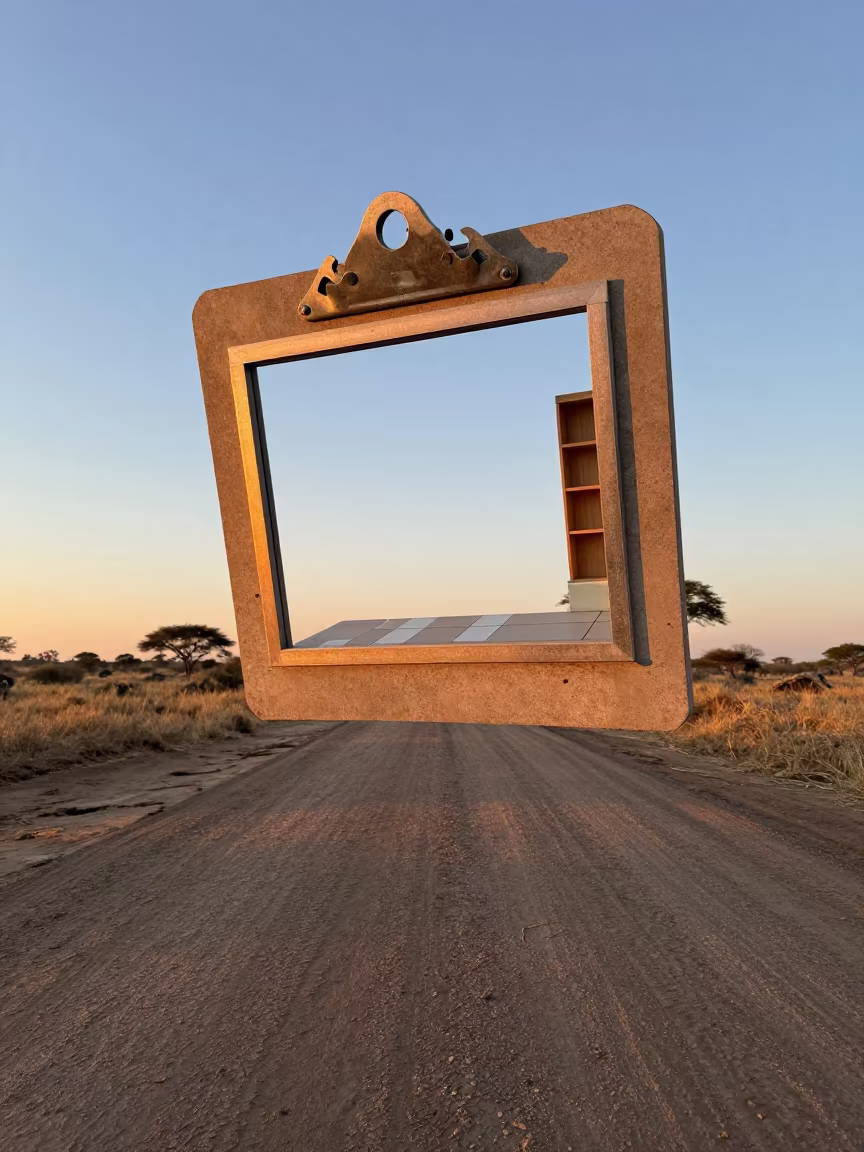 Surreal Lift Plan Clipboard on Botswana Road in at a muddy site access road in Botswana