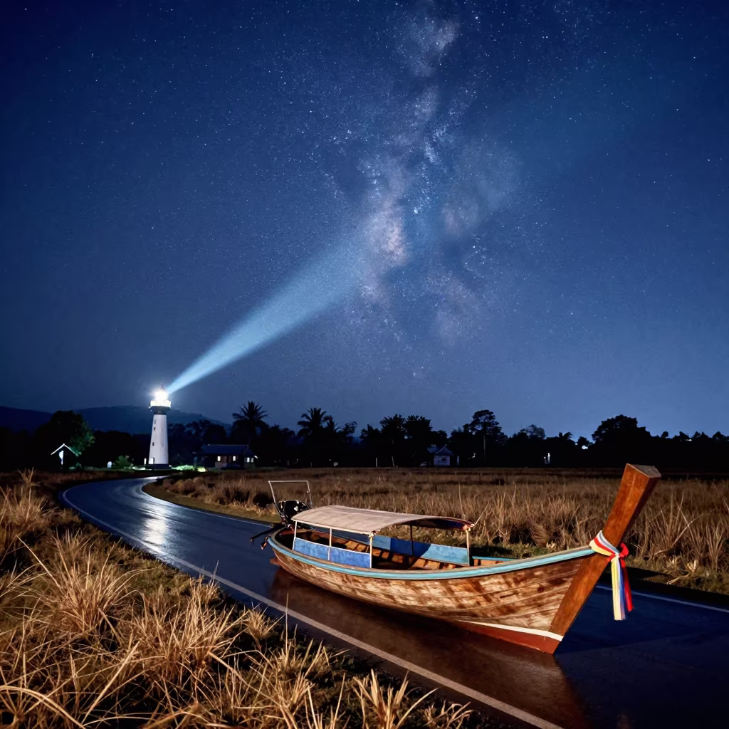 Surreal Longtail Boat Under Daylight Milky Way in along a switchback approach near Nimmanhaemin, Chiang Mai