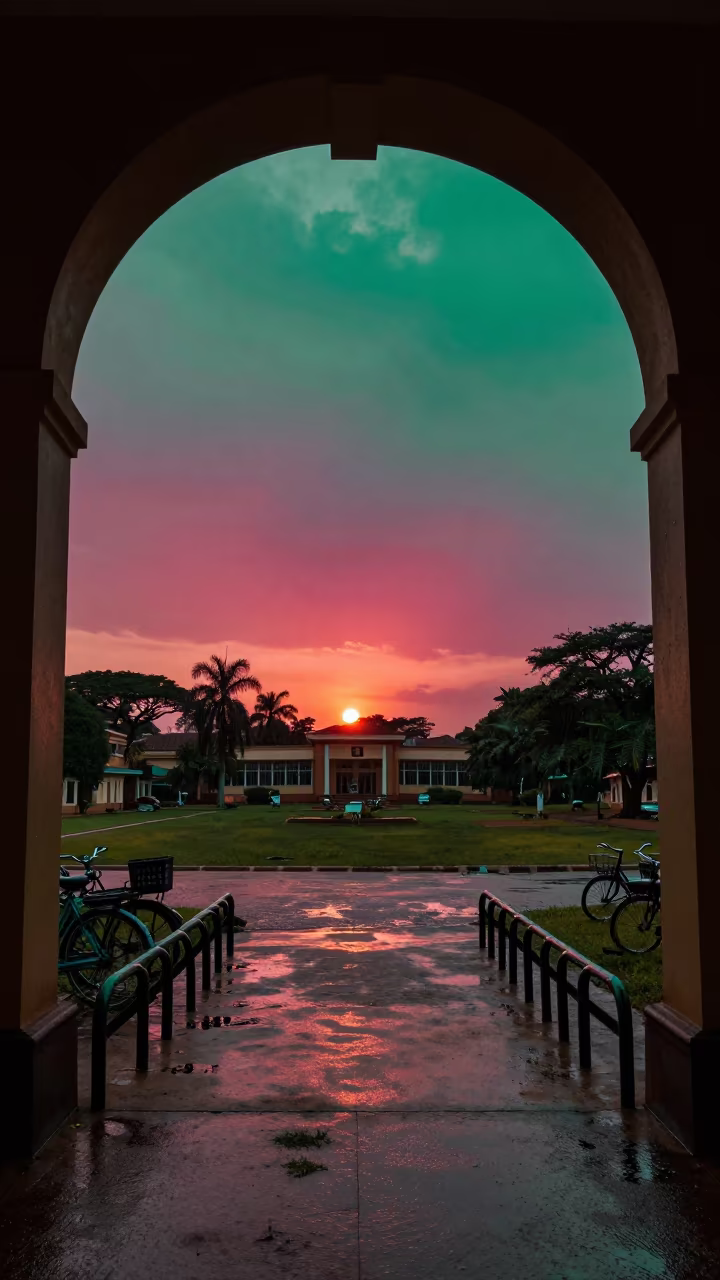 Surreal Magenta Sky Over Wet Campus Bike Rack in beside campus bike racks at dawn in Ogbomosho