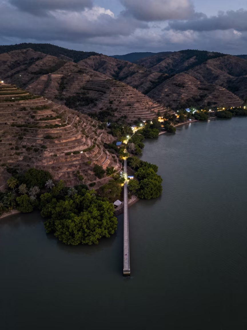Surreal Mangrove Corridor Under Night Sky in far above terraced hillsides near Tonle Bassac, Phnom Penh
