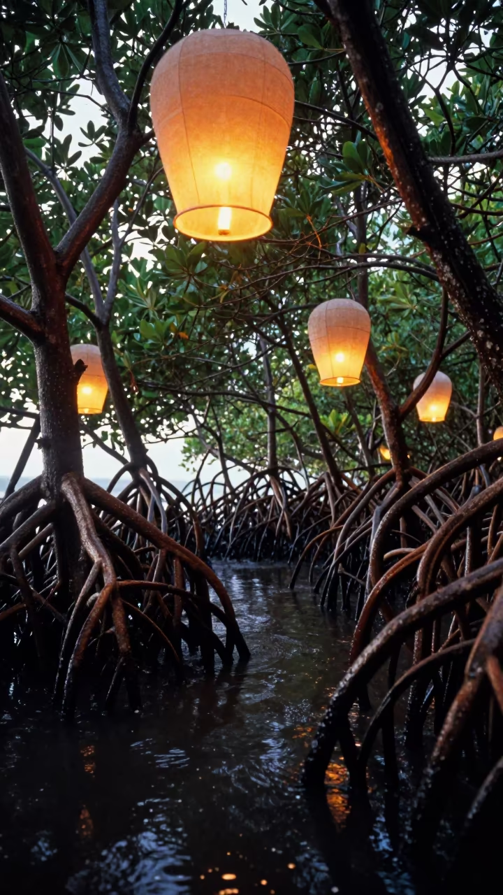 Surreal Mangroves Giant Lanterns Hawaii in across a wide valley floor in Hawaii