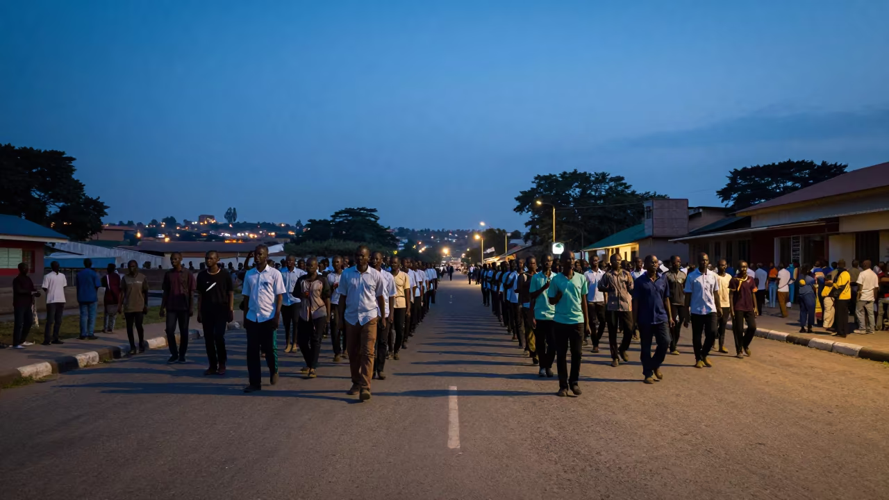 Surreal Marching Band in Kinshasa Blue Hour in at a festival street procession in Kinshasa