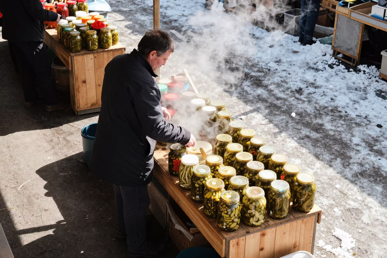 Surreal Market Jar Vendor Bremen Snow Sun in in a covered bazaar aisle in Bremen