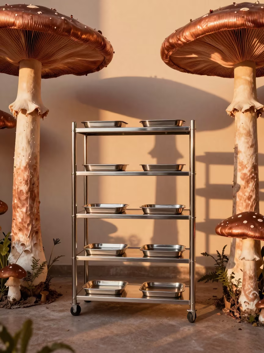 Surreal Medical Tray with Giant Mushrooms in inside an imaging suite in Sohag