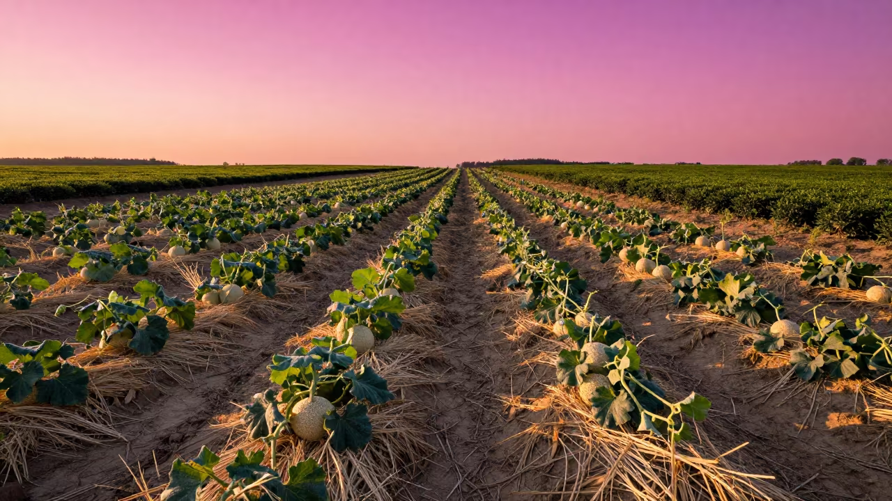 Surreal Melon Vines Under Magenta Sky in at the edge of a tea plantation near Wałbrzych