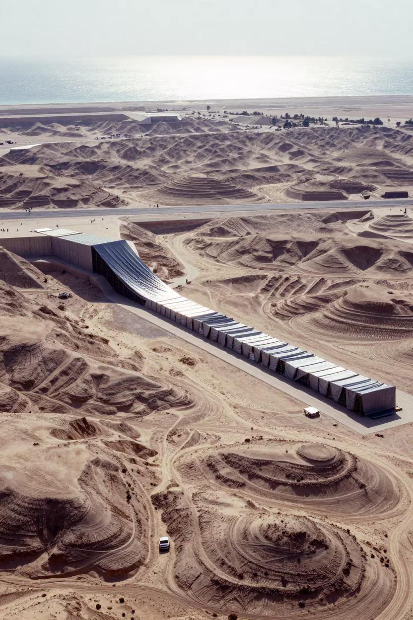 Surreal Metal Dunes Draping Over Doha Hills in far above terraced hillsides near Doha