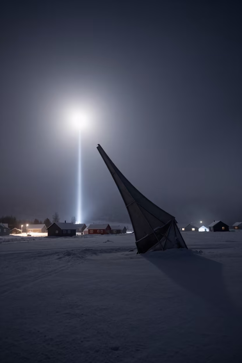 Surreal Metal Fabric Draping Over Frozen Norway in across a storm-bright plain in Norway