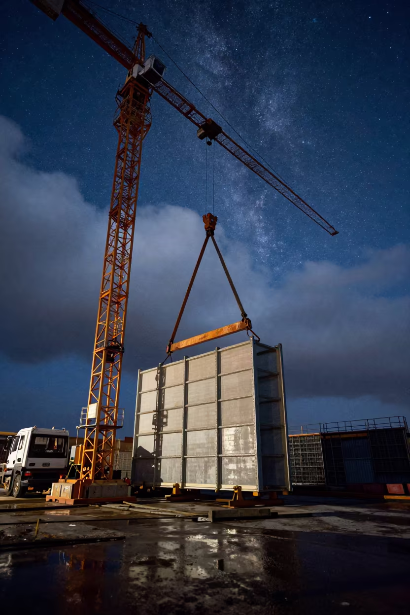 Surreal Midnight Crane Lifts Wall Under Milky Way in across an active works site in Sicily