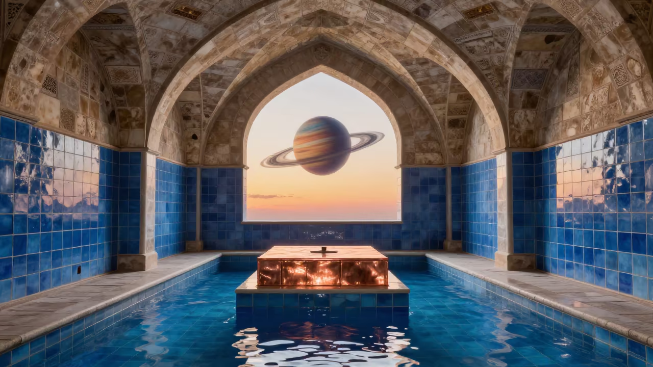 Surreal Mikveh Pool with Ringed Planet Horizon in on a museum plinth in Jalalabad