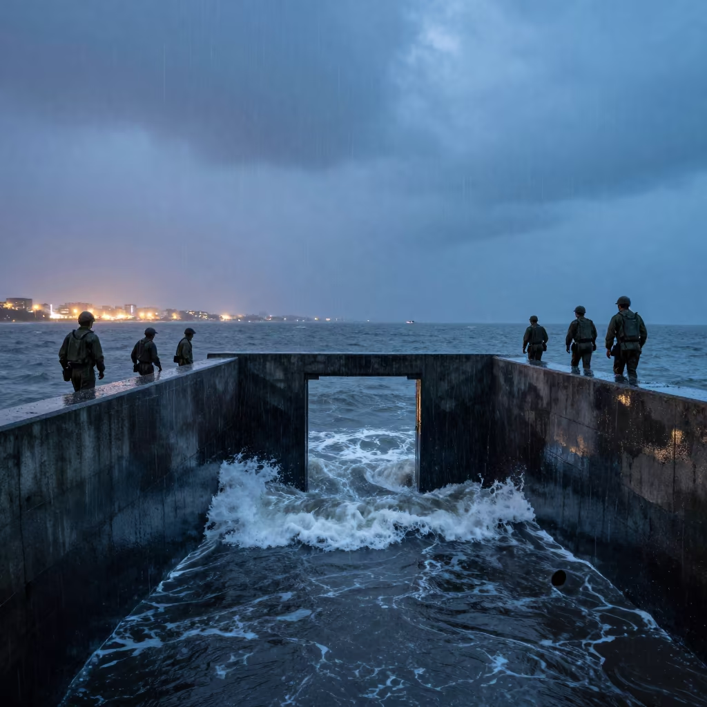 Surreal Military Wall Doorway Ocean Blue Hour in beside a convoy halt on open ground near Montevideo