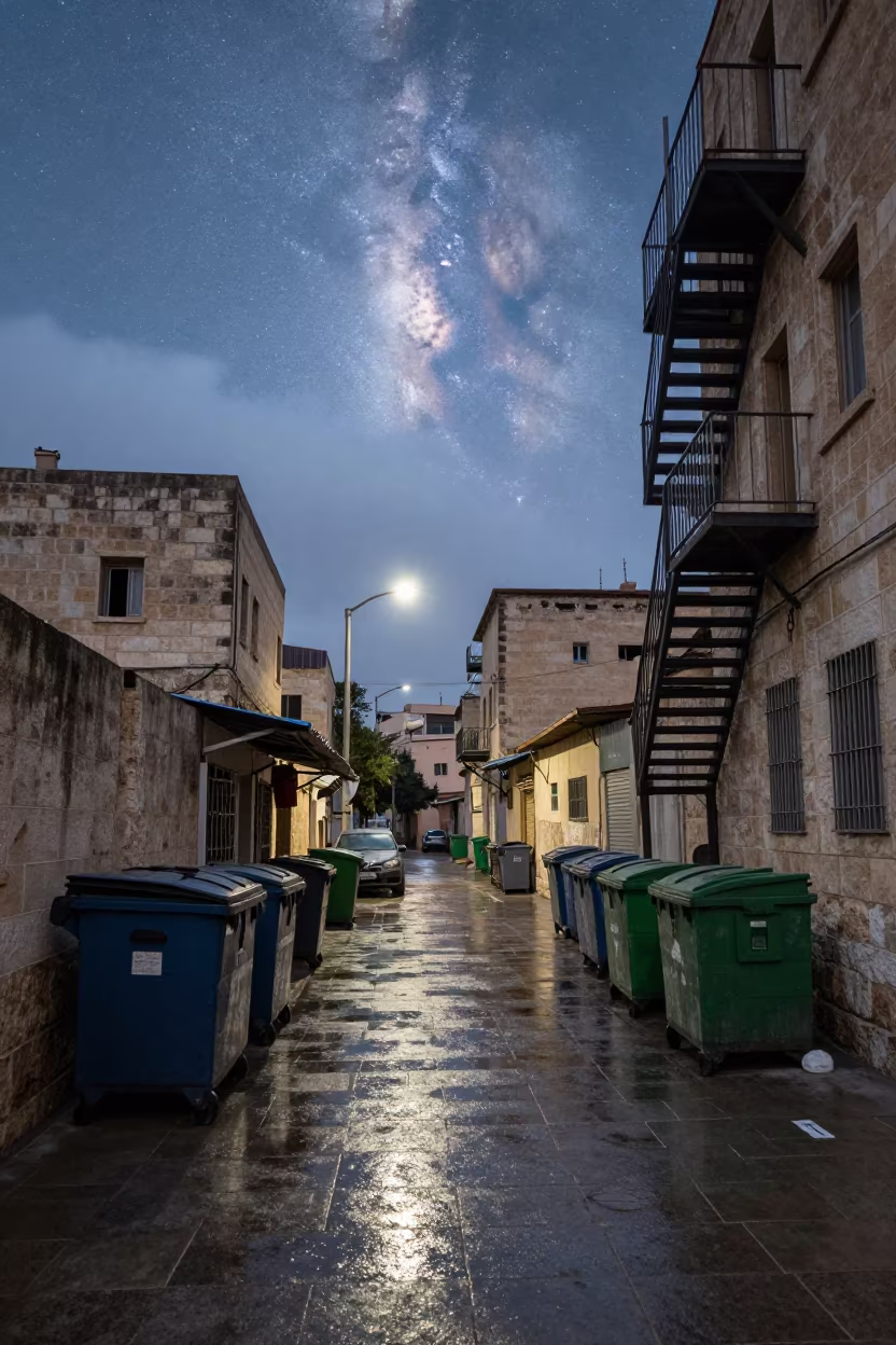 Surreal Milky Way Over Irbid Rainy Alley in by a rain-darkened kiosk in Irbid