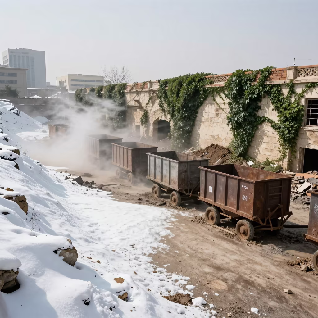 Surreal Mining Ruin Snow Sun Dubai in beside ivy-draped masonry near Downtown, Dubai