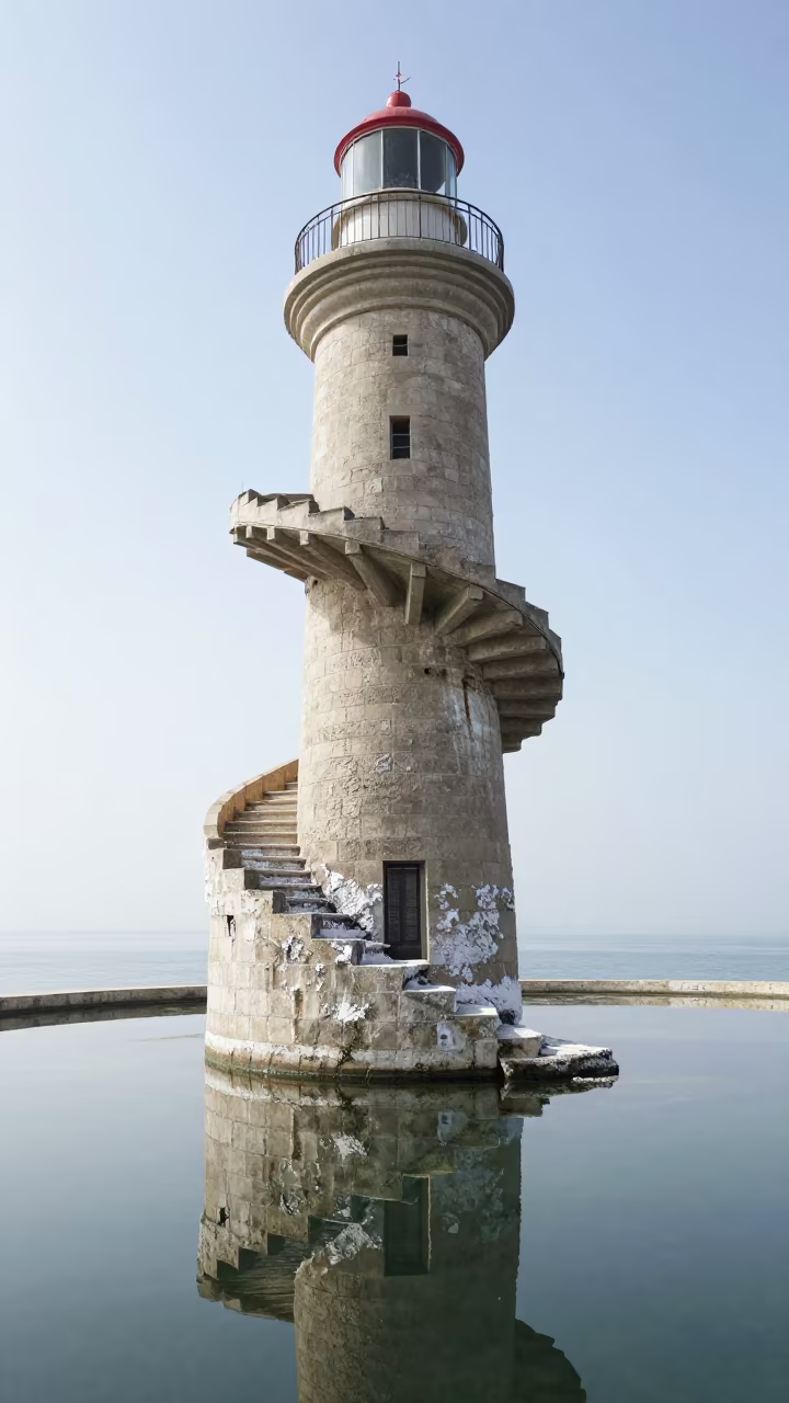 Surreal Mirror Lighthouse Stairwell Israel in among roofless stone chambers in Israel