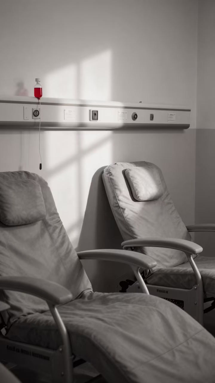 Surreal Monochrome Dialysis Ward with Red Tray in inside a medical supply alcove near Ho Chi Minh City