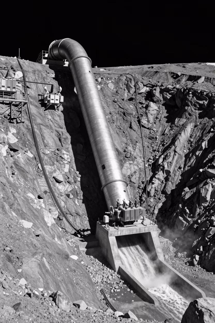 Surreal Moonlight Hydroelectric Penstock Above Spillway in above a spillway chute with spray rising in Alberta