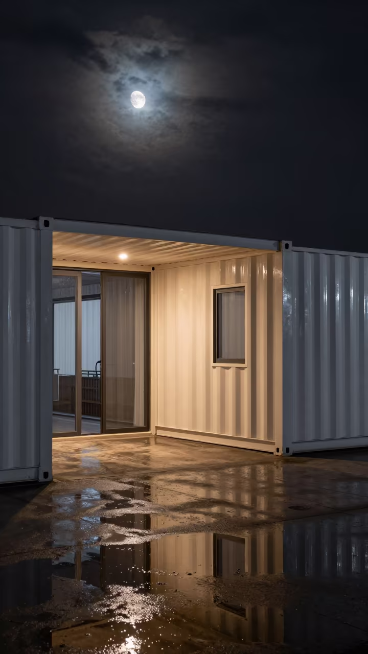 Surreal Moonlit Shipping Container Home Lobby in inside a ribbed concrete lobby in Pingtung