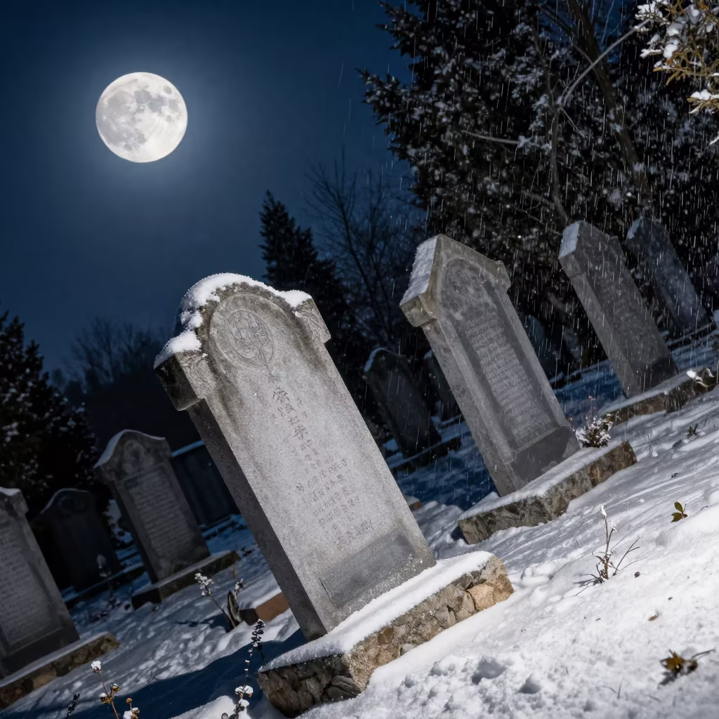 Surreal Moonlit Graveyard Split by Winter Sun and Snow in beneath a moon-washed horizon near Guiyang