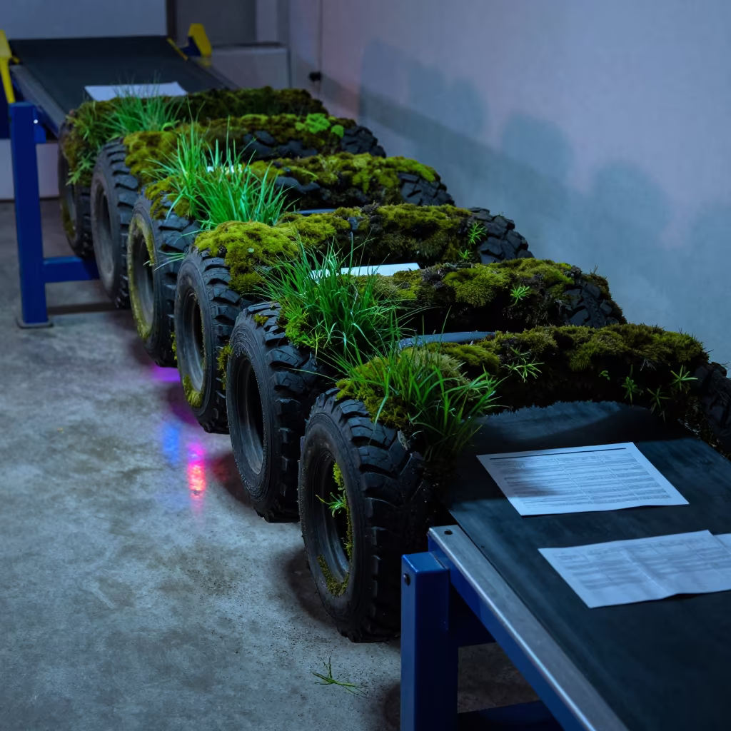 Surreal Moss Covered Tire Thumper in Izmir in at a parcel sorting belt in Izmir