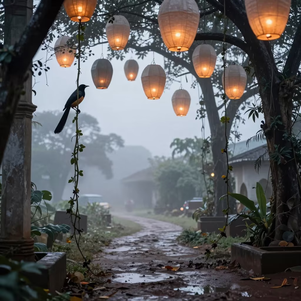 Surreal Motmot Amidst Giant Floating Lanterns at Dawn in along a game trail near Jos