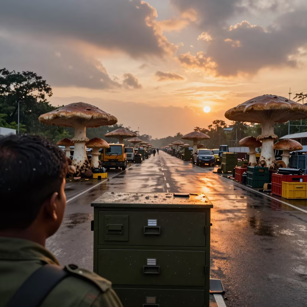 Surreal Mushroom Cluster at Chennai Checkpoint in at a checkpoint lane near Chennai