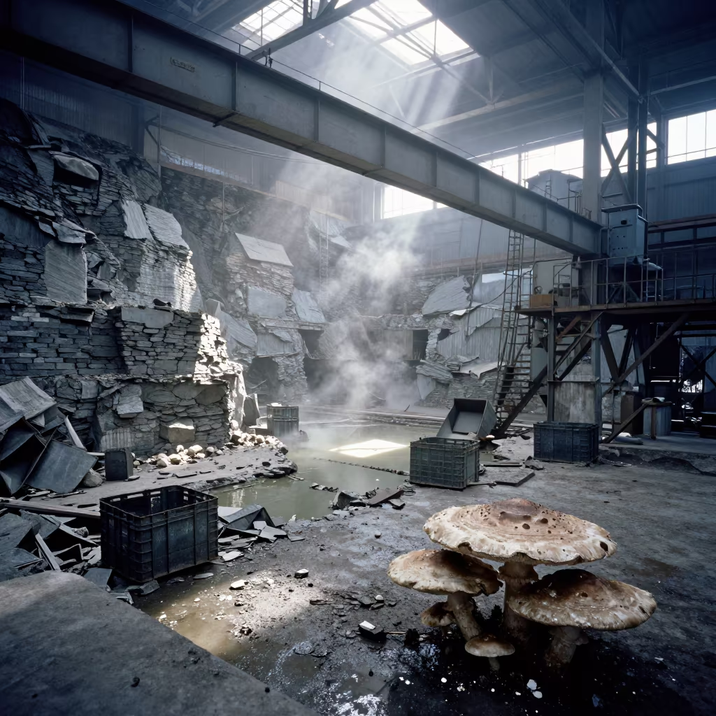 Surreal Mushroom Grove in Crumbling Slate Quarry in under gantries and utility towers near El Tigre
