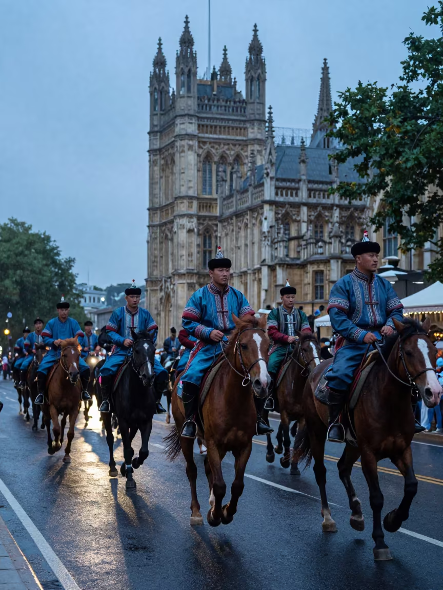 Surreal Naadam Festival in Westminster Drizzle in at a festival street procession in City of Westminster