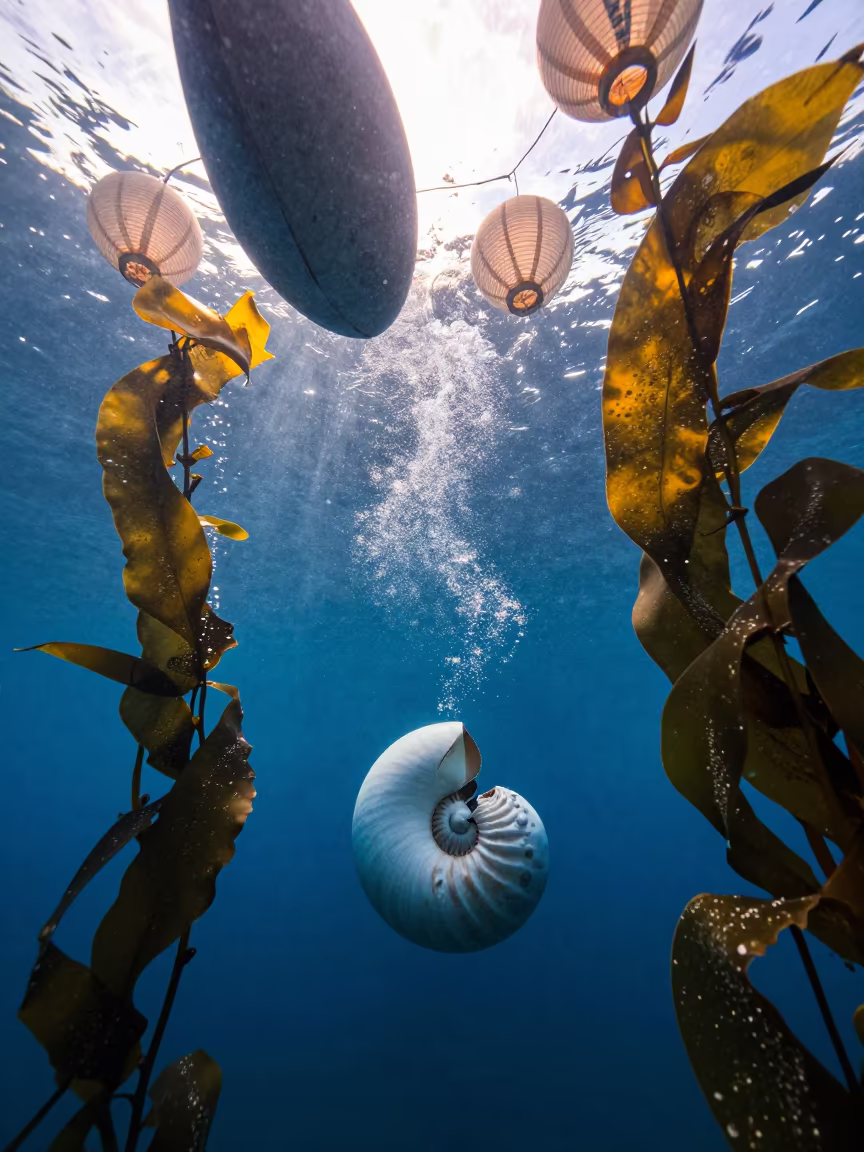 Surreal Nautilus Swimming Among Giant Floating Lanterns in along a kelp-fringed shelf near Fukuoka