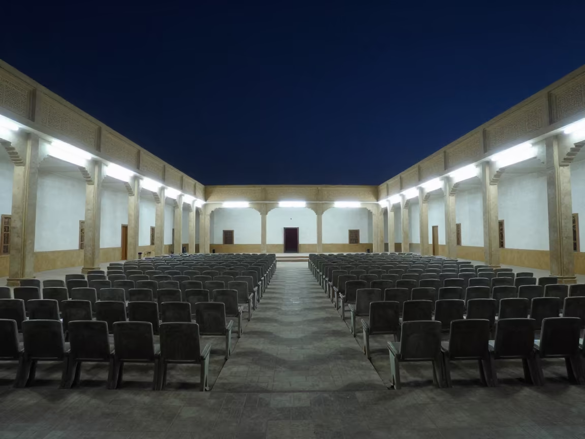 Surreal Night Cinema Hall Touba Corridor in in a ceremonial hall in Touba