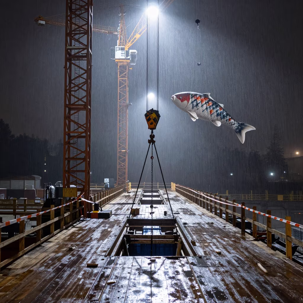 Surreal Night Crane Hook Zone Oregon in on an active construction deck in Oregon