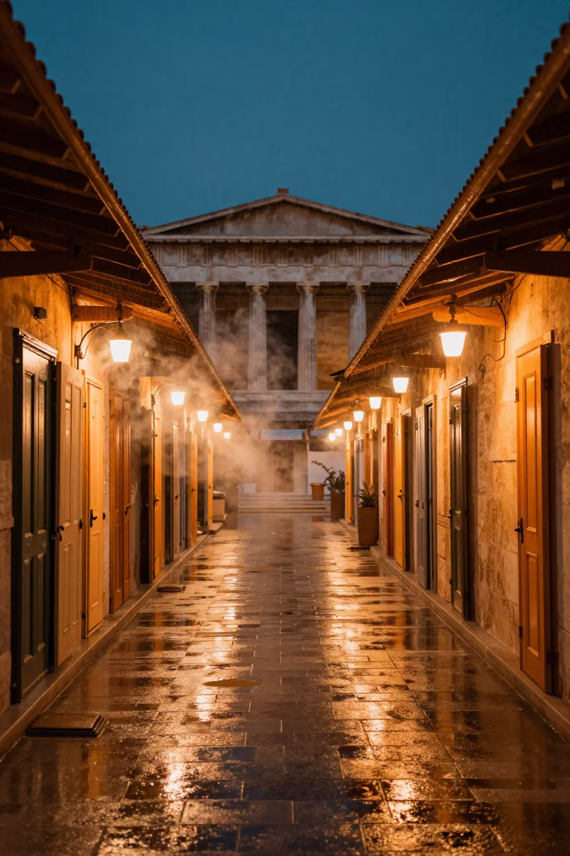 Surreal Night Market in Athens Hall in in a ceremonial hall in Athens