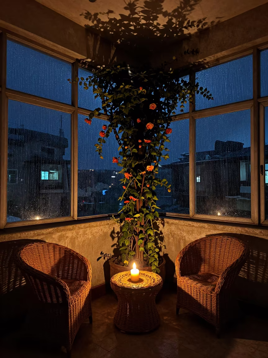 Surreal Night Sunroom Giant Flower Misrata in beside a rain-streaked window near Misrata