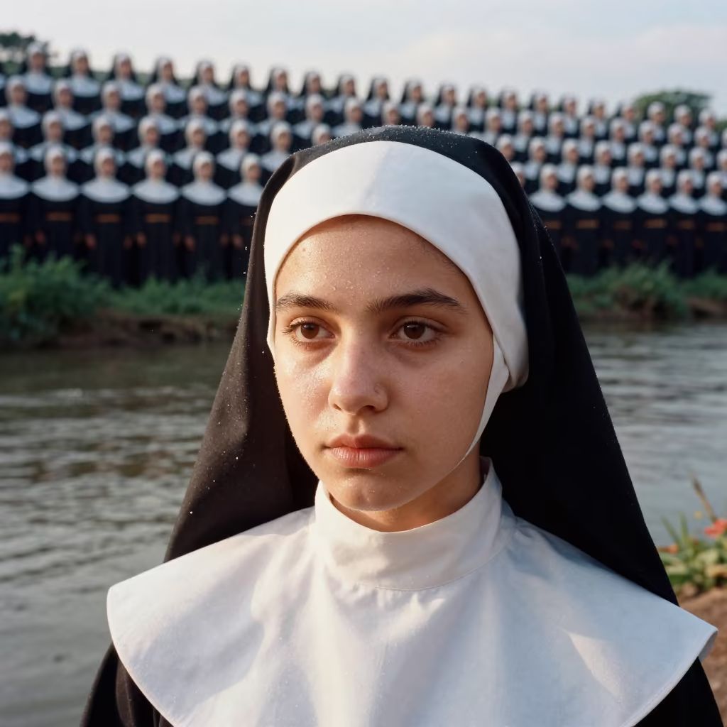 Surreal Nun Portrait Grid Background in near a riverside landing in Campo Grande
