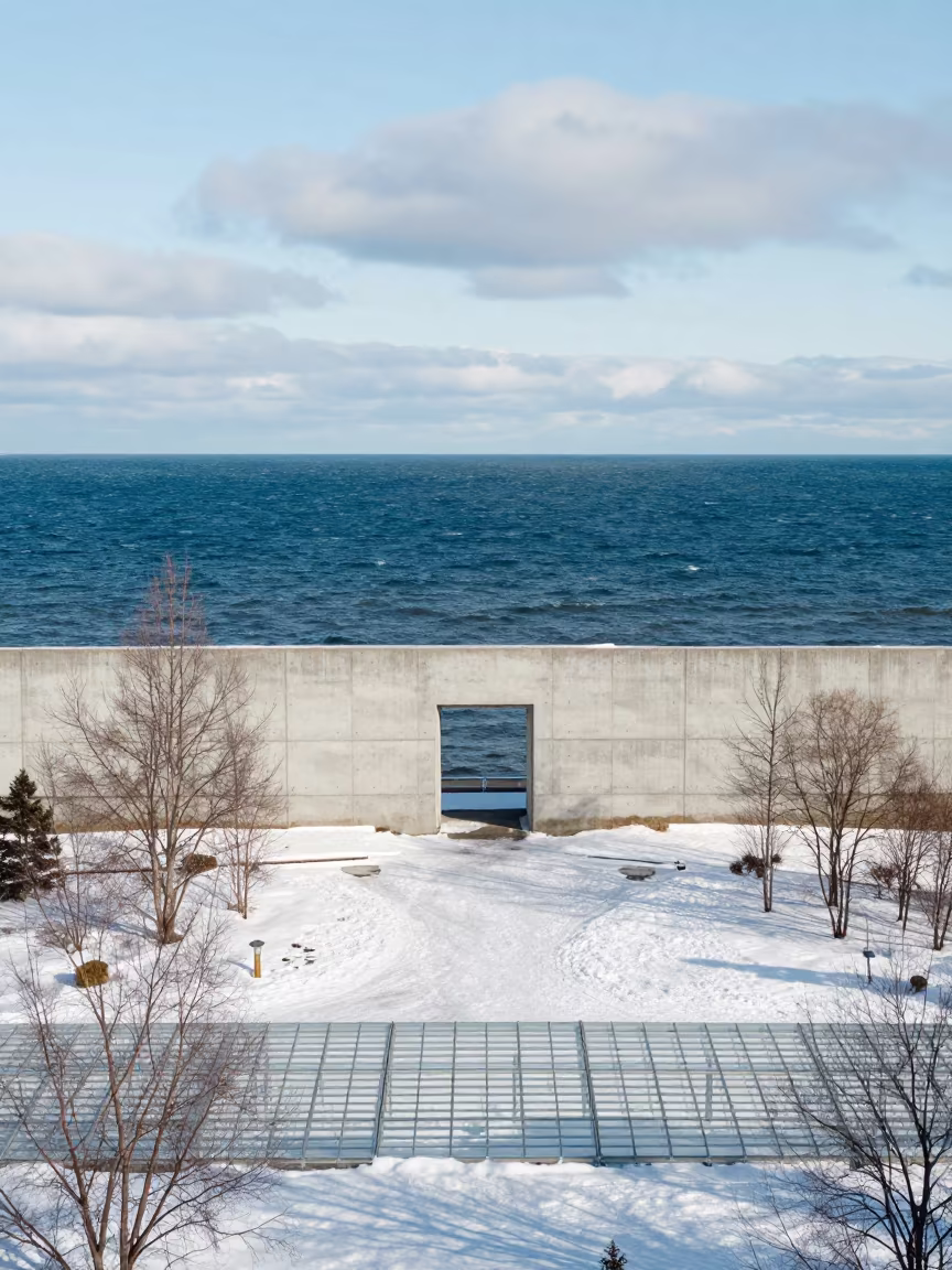 Surreal Ocean Doorway in Snowy Arctic Park in high over greenhouse grids in Northwest Territories