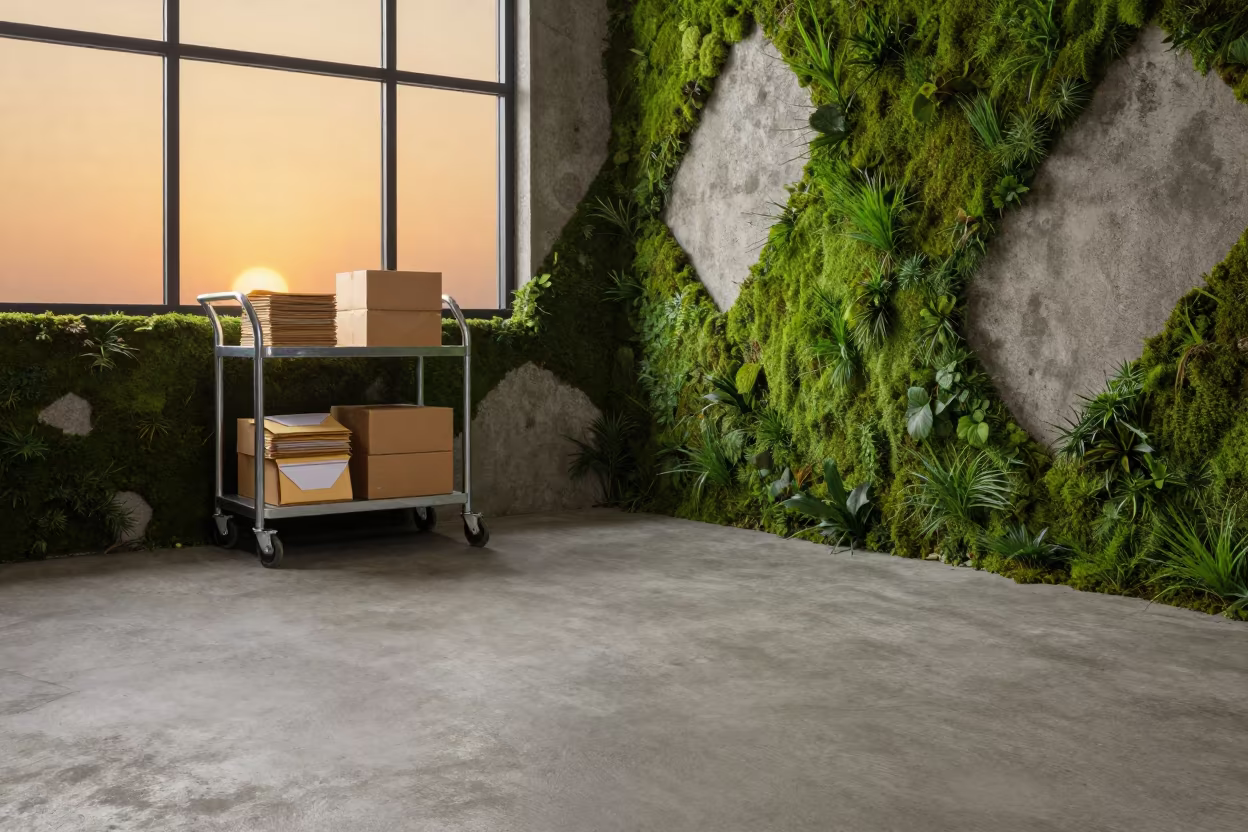 Surreal Office Cart Amid Sideways Moss Growth in inside a coworking floor near Bahawalpur