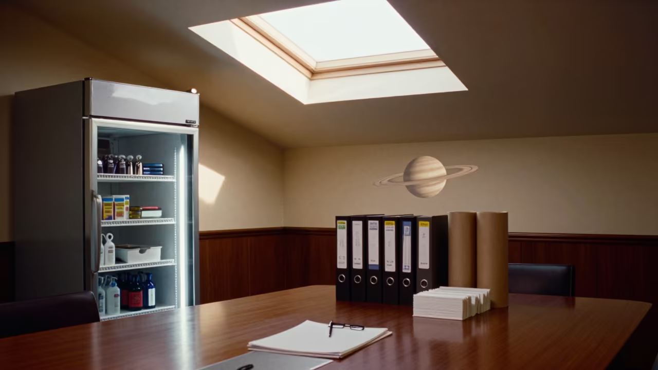 Surreal Office Fridge with Ringed Planet Horizon in inside a conference room near Hohhot