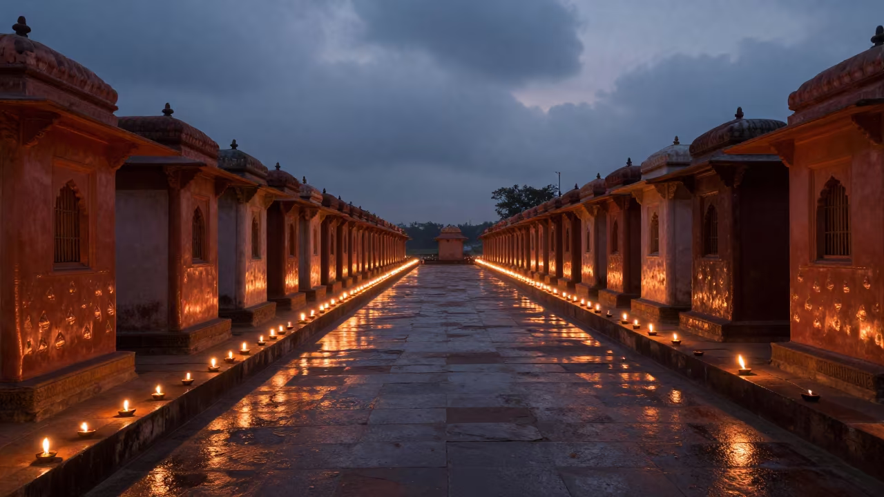 Surreal Oil Lamps and Miniature Buildings at Indian Ghat in at a shrine entrance in India