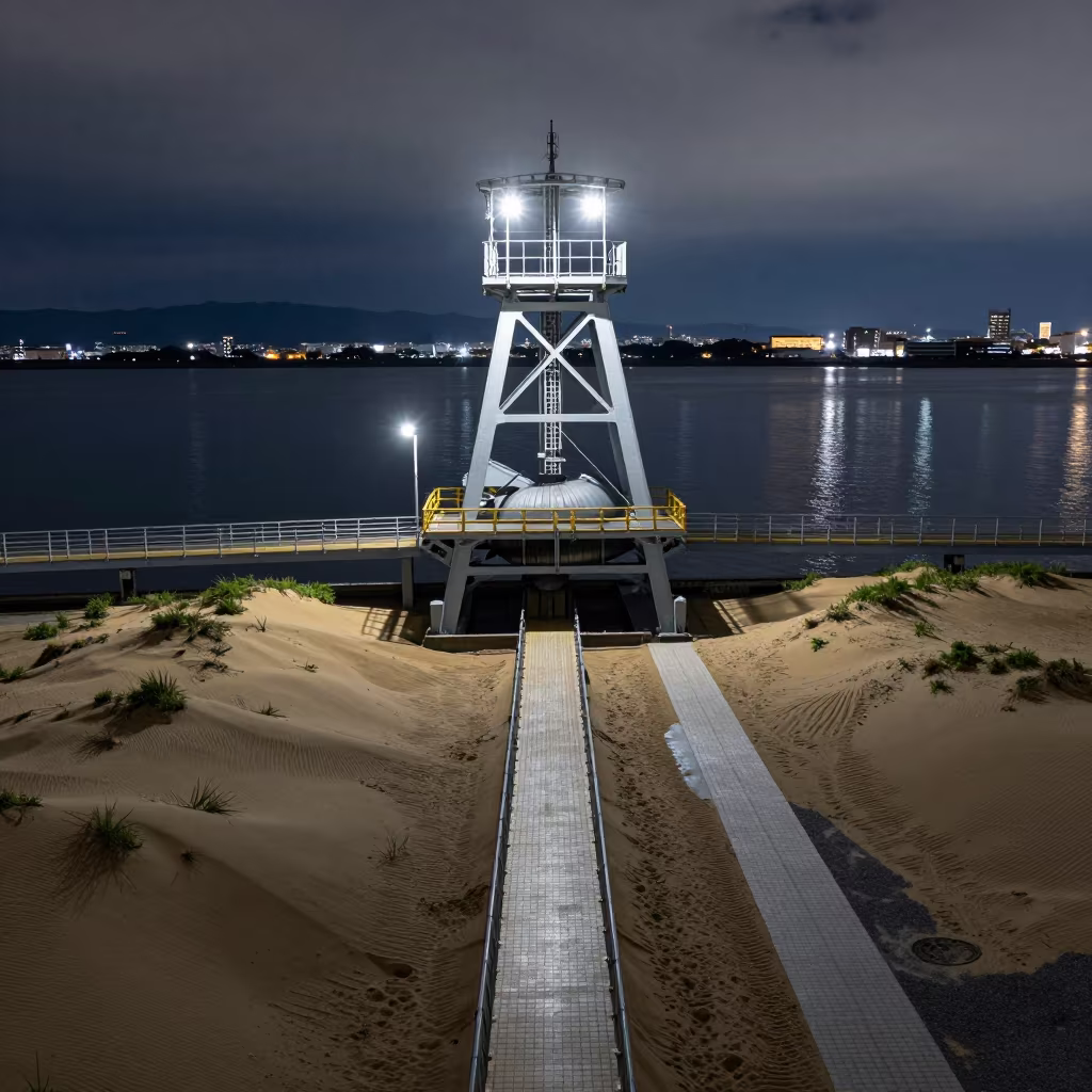 Surreal Oil-Slick Reflection in Osaka Harbor Night in along a bridge maintenance walkway in Amerikamura, Osaka
