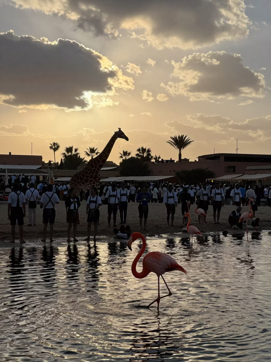 Surreal Oktoberfest Silhouette with Giant Flamingo in at a waterfront celebration near Marrakesh