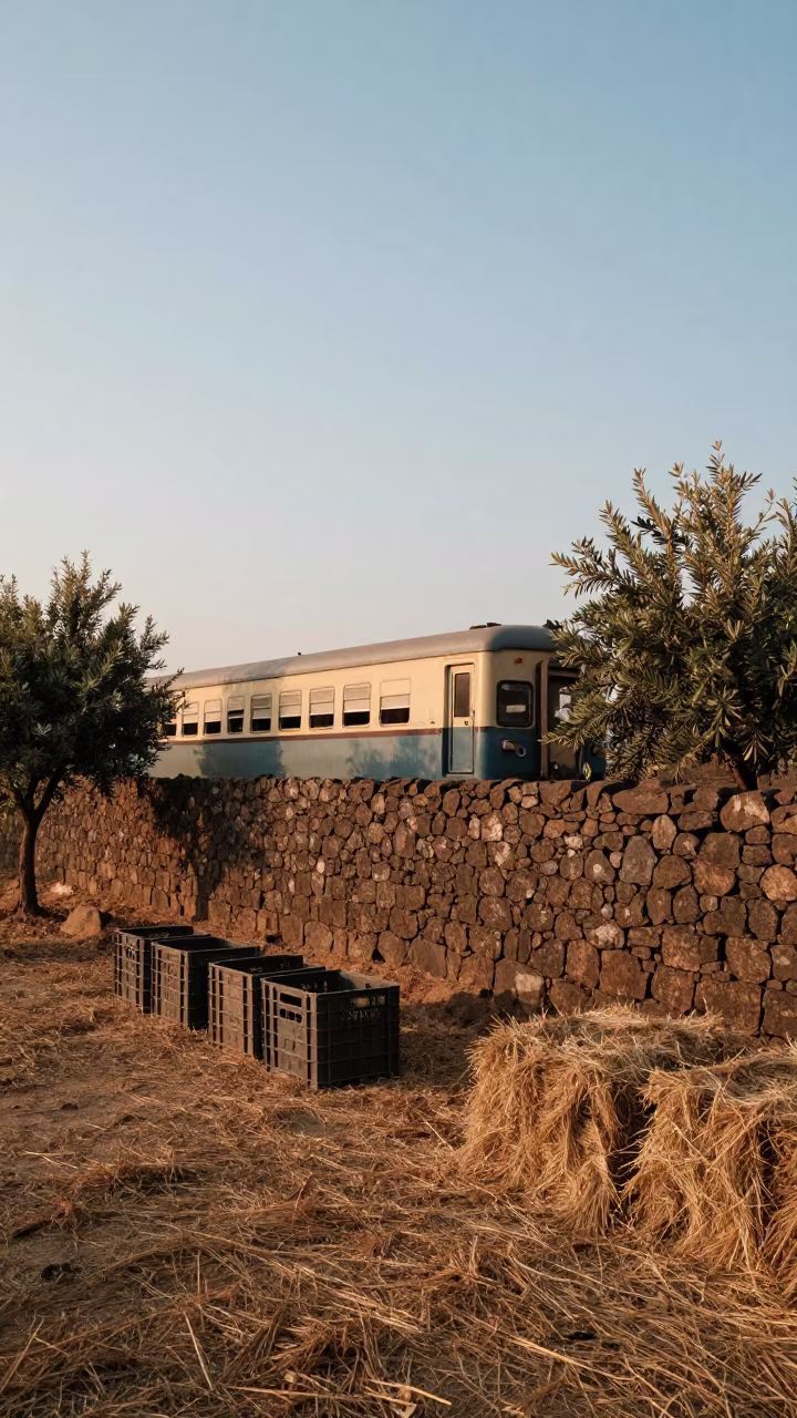 Surreal Olive Grove Wall with Train Car in Mumbai in beside stacked hay bales in Mumbai