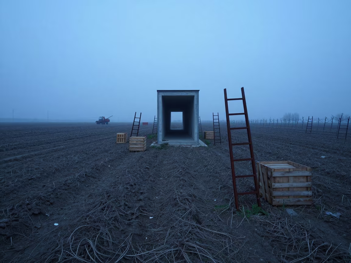 Surreal Onion Field Twilight Fog Corridor in among orchard ladders and crates in Konya
