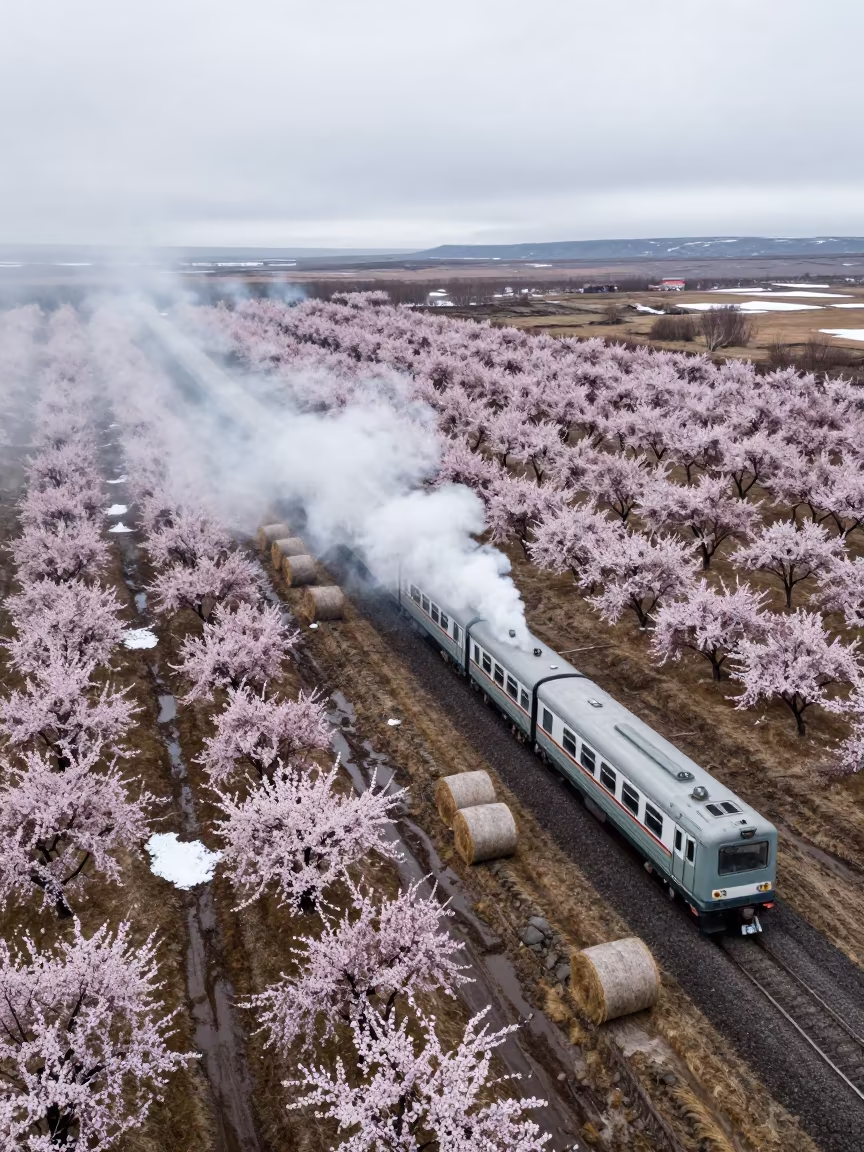 Surreal Orchard Bloom Drifting Over Iceland Hay Bales in beside stacked hay bales in Iceland