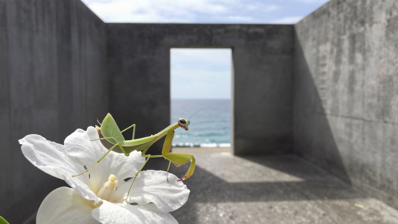 Surreal Orchard Mantis on White Flower in on a wind-scoured ridge in Samoa