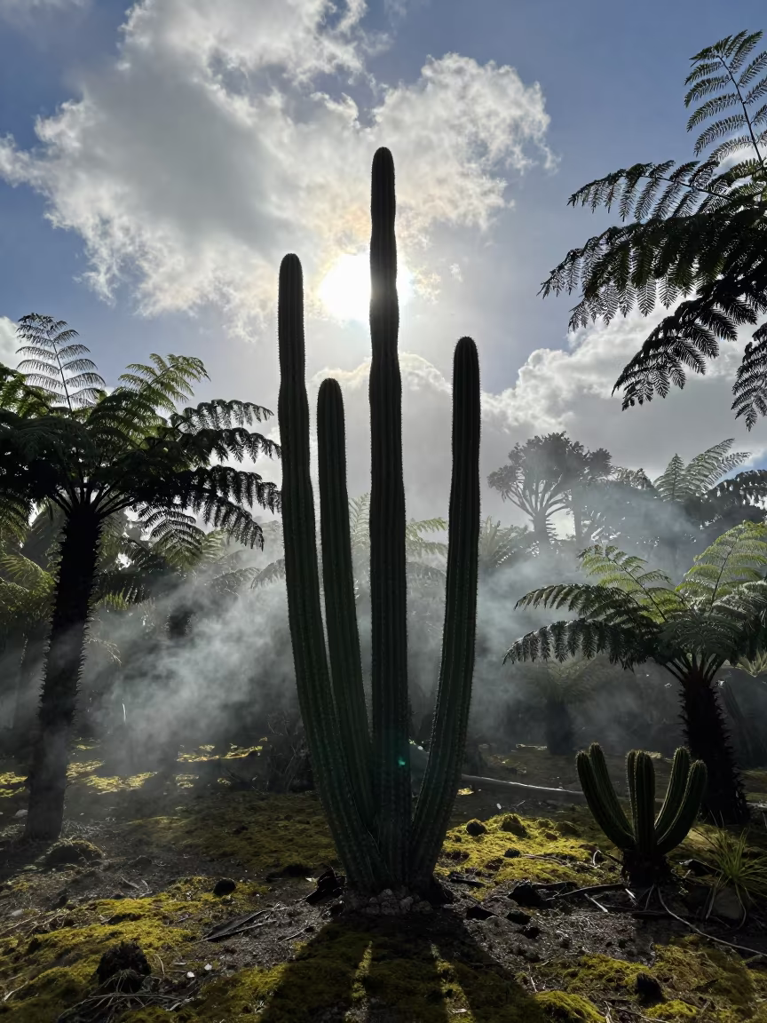 Surreal Organ Pipe Cactus Forest Silhouette in on a fern-lined forest floor in Morocco
