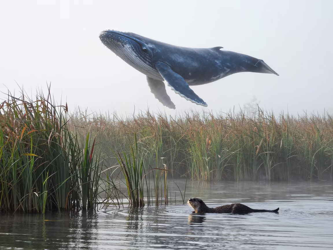 Surreal Otter Diving Blue Whale Shadow in at the edge of a reed bed in Rhode Island