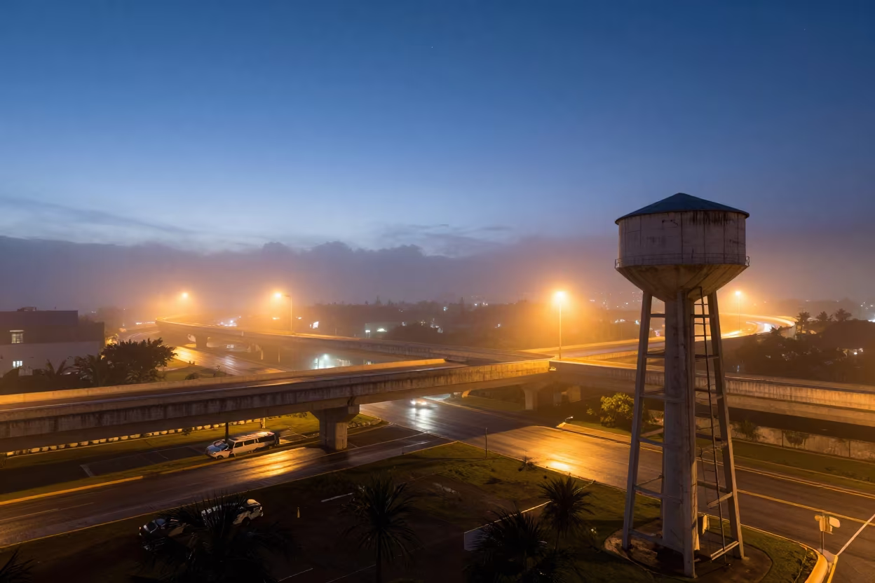 Surreal Overpass Web Glowing Above Wet Asphalt in beside a water tower ladder in Bahamas