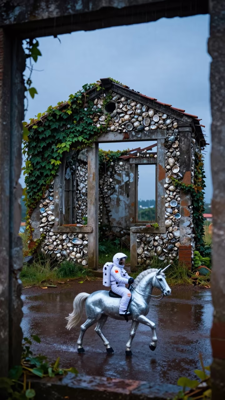 Surreal Oyster Shed Ruin with Astronaut Unicorn in beside ivy-draped masonry in Portugal