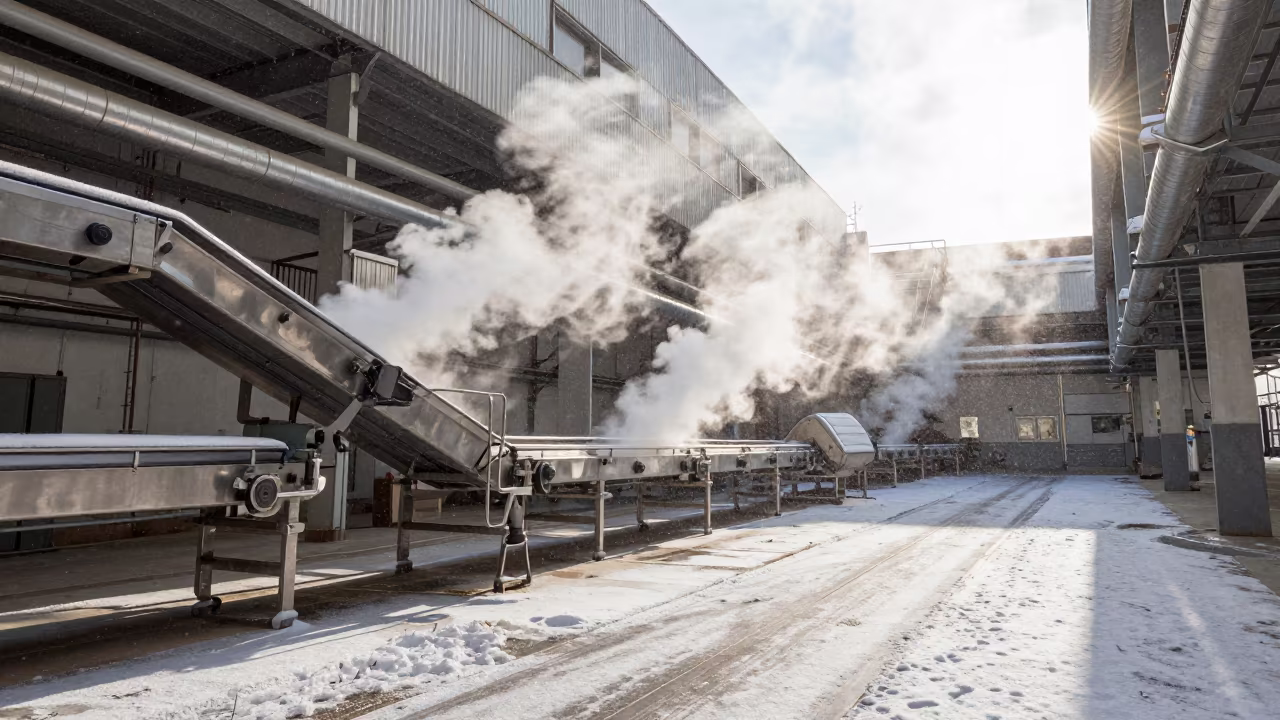 Surreal Paper Mill Corridor Steam and Snow in inside a packing hall with stainless conveyors near Baghdad
