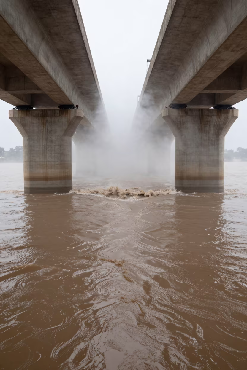 Surreal Pier Splitting Flood Current in beside a bridge pier above moving water in Rajasthan