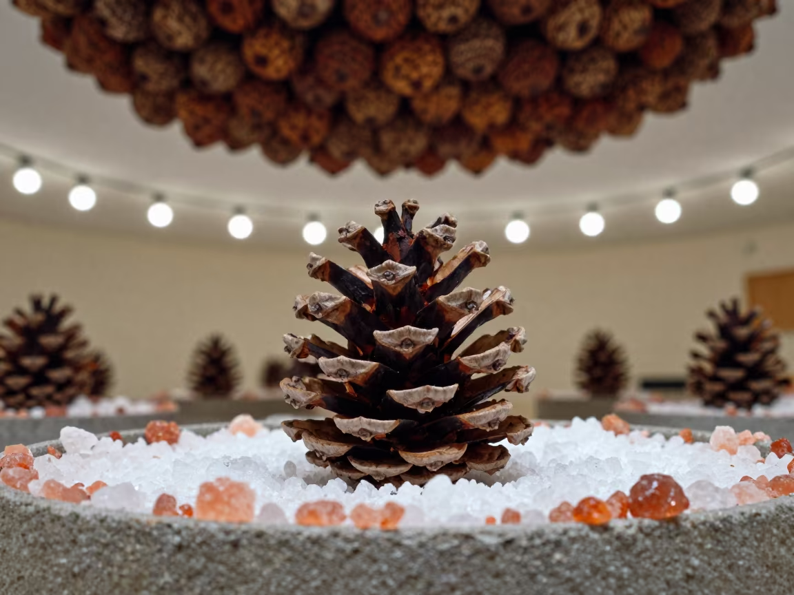 Surreal Pine Cone on Salt Crystals Under Lights in on salt crystals along a pan rim in Latakia