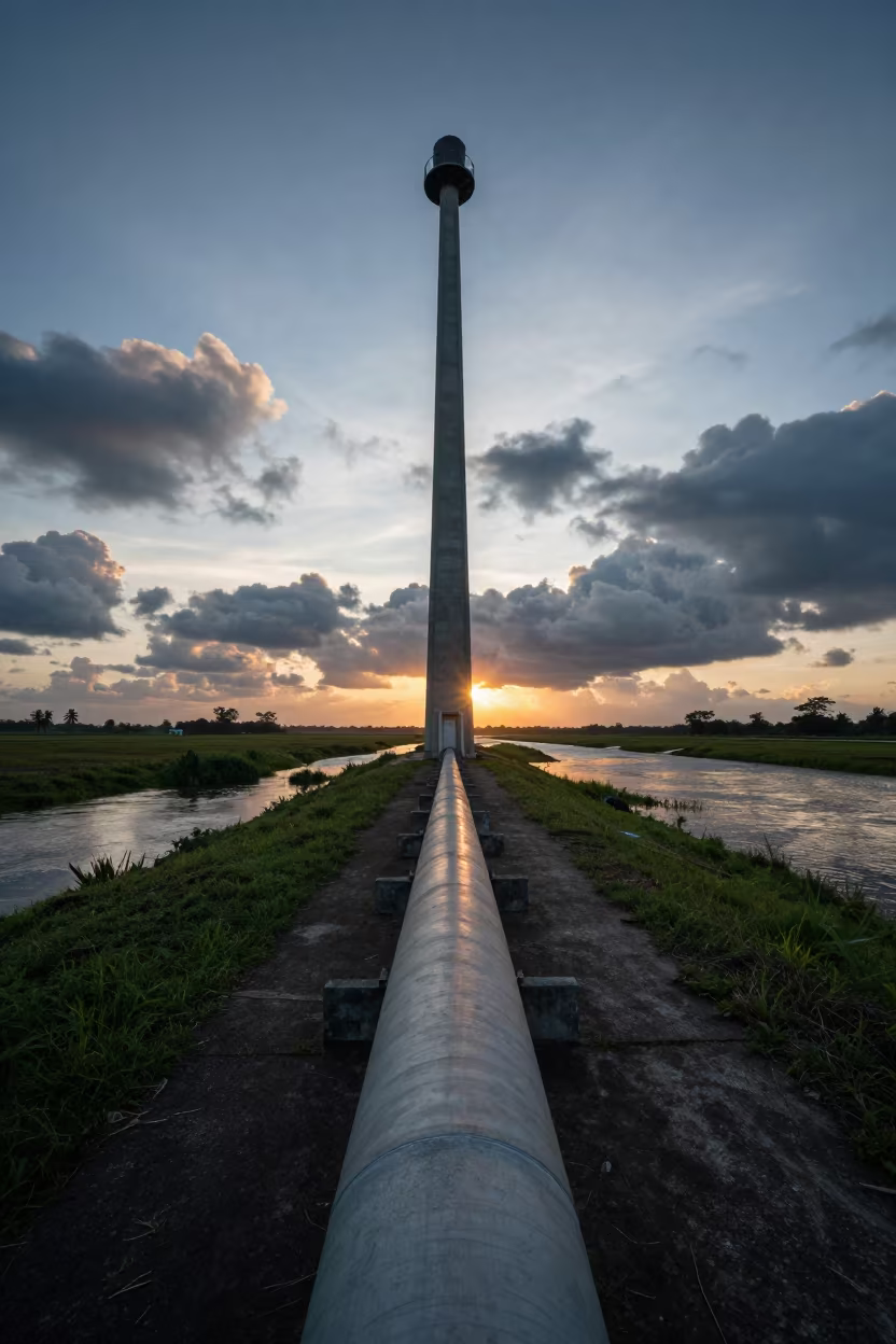 Surreal Pipeline Corridor Rising from Suriname Levee in along a levee path above floodwater in Suriname